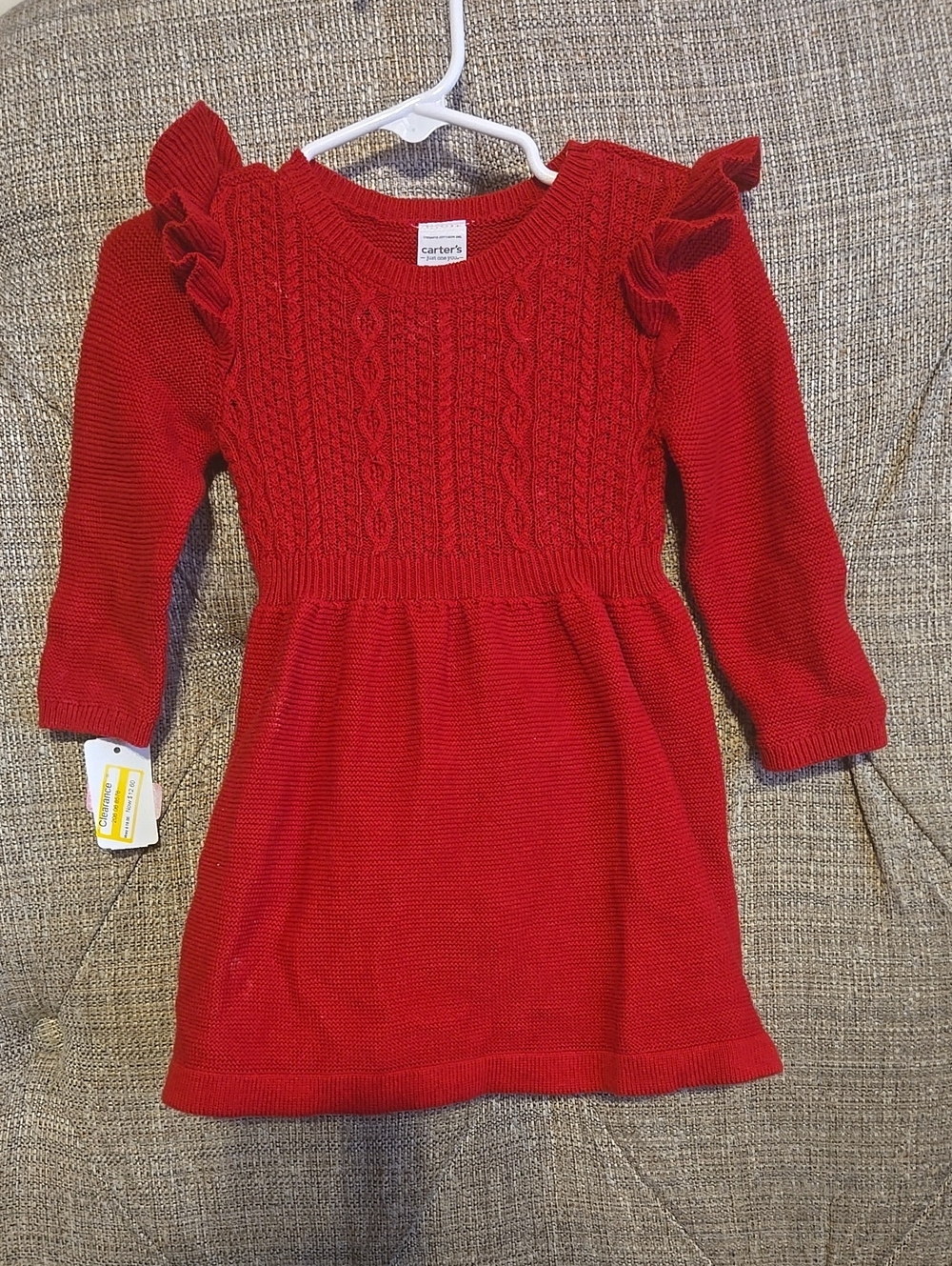 12 Month Carter's Bright Red Cable-Knit Ruffle-Sleeve Sweater Dress